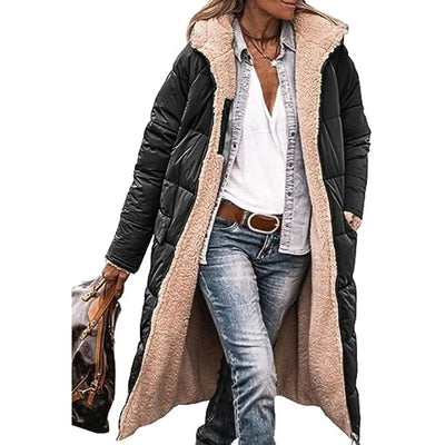 Women's Long Quilted Winter Coat – Warm Cashmere Blend with Hooded Design